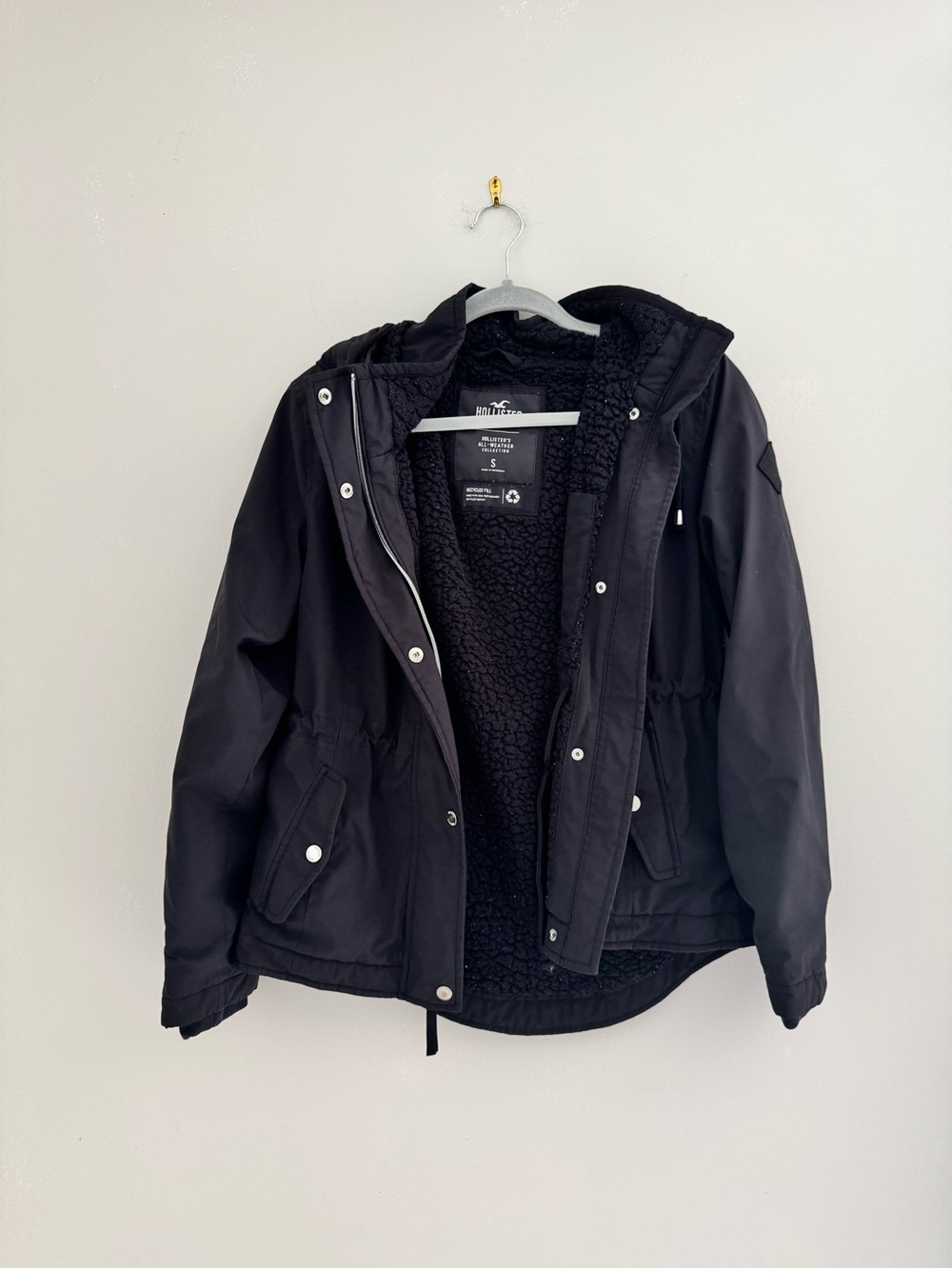 Hollister All-Weather Sherpa Lined Parka Jacket Black Size Small Winter Fall